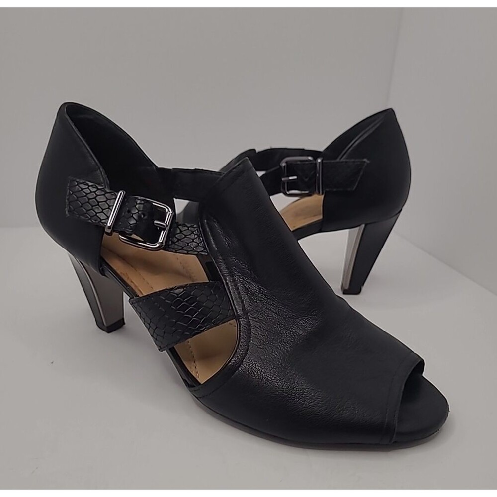 Nurture Heels Shoes Women 9.5  Black Pamina Leather 3" Peep Toe Buckle Strap